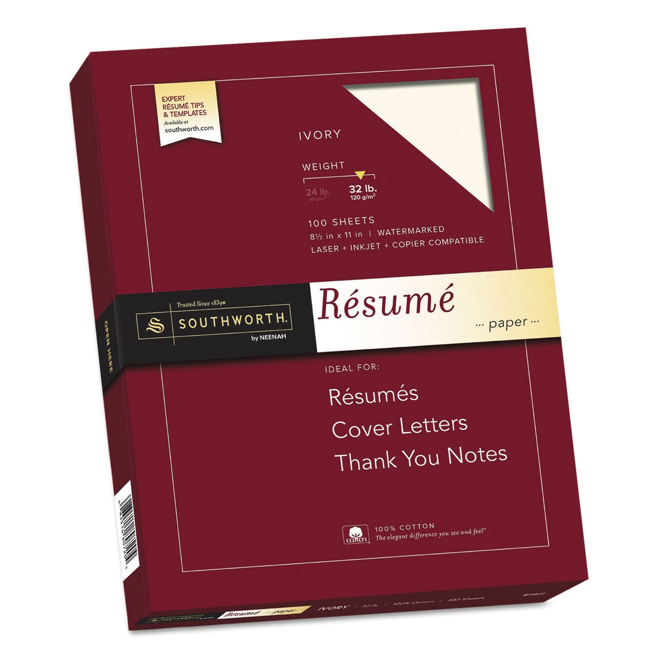 Southworth 100 Cotton Resume Paper 32 lb 8.5 x 11 Ivory 100/Pack